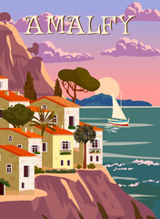 Wall Mural - Amalfi Coast Italy, mediterranean romantic landscape, mountains, seaside town, sea. Retro poster travel