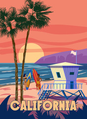Wall Mural - California Retro Poster. Lifeguard house on the beach, sunset, palm, coast, surf, ocean. Vector illustration vintage