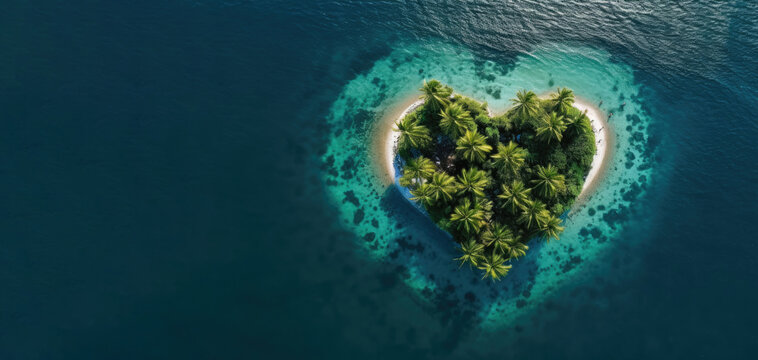 Aerial drone shot of a heart shaped tropical palm island in the ocean with lots of negative space.