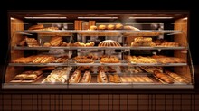 Bakery Showcase With Delicious Fresh Pastries, Buns, Bread, Long Loaf And Cakes. Perarni Or Coffee Shop Counter With Appetizing Goods Laid Out. AI Generated