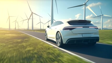 Wall Mural - Electric vehicles and wind farms. The concept of environmentally friendly transport of the future and green energy. Electric cars and wind generators. AI generated