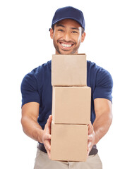 Sticker - Delivery man, portrait and shipping export with boxes, happiness and employee isolated on a transparent background. Male person, courier and happy with logistics, service and supply chain with png