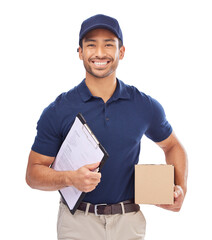 Poster - Clipboard, package and portrait of delivery man for signature, invoice and shipping box. Paper checklist, smile and male courier employee with cardboard parcel isolated by transparent png background.