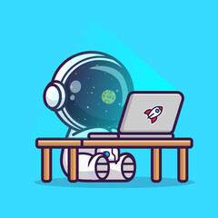 Wall Mural - cute astronaut working on laptop cartoon vector icon illustration. science technology icon concept i