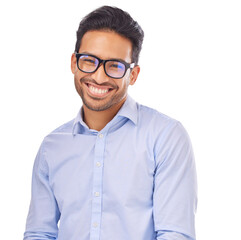 Poster - Portrait, smile and asian man with glasses for optometry on transparent, isolated and png background. Happy, face and male person with spectacles for vision, eyesight or prescription frame eye care
