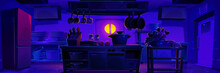 Restaurant Kitchen Interior At Night. Vector Cartoon Illustration Of Dark Room With Cooking Table And Equipment, Kitchenware On Trays, Vegetables In Bowl, Oven, Cooker And Fridge. Catering Business