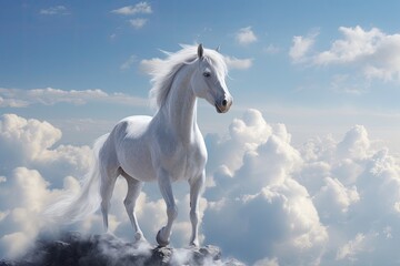  A unicorn, White pegasus unicorn in a cliff high above the clouds. Generative Ai