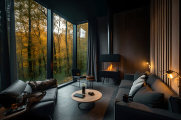 Wall Mural - The interior of a modern living room designed with a minimalist style, leather armchair with table on dark wall and wood floor Interior surrounded with forest