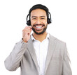 Call center, man with smile and headset, customer service job with CRM and contact us isolated on transparent png background. Portrait, male consultant in tech support and help desk for telemarketing
