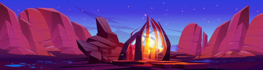 Wall Mural - desert with magic stone portal at night. vector cartoon illustration of rocky landscape with neon ye