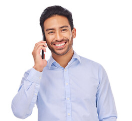 Poster - Portrait, phone call and asian man happy on isolated, transparent or png background. Smartphone, smile and face of guy satisfied by conversation, discussion or networking, connection or communication