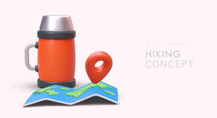 Wall Mural - Concept for hiking tourism with 3D illustration. Large red thermos with metal lid cup, world map. Time to travel. Vector banner in positive cartoon style