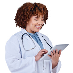 Tablet, research and doctor or woman isolated on transparent, png background for healthcare management. African medical person typing on digital technology, telehealth service and paperless software