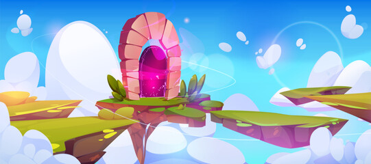 Wall Mural - game pink magic portal on floating island in sky cartoon vector background. fantasy teleport door to