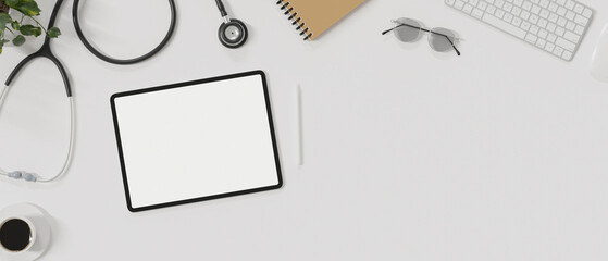 Wall Mural - Top view of minimal doctor workspace with with blank screen mock up tablet on the table.