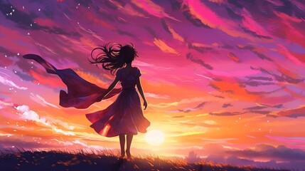 Girl in a dress, Dawn's embrace: breathtaking anime girl silhouette in mesmerizing 4K digital artwork, wallpaper, Generative AI