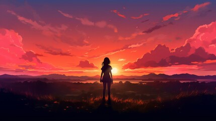 Silhouette of a person in the sunset - Graceful anime girl silhouette at sunset: 4K digital artwork depicting contemplation and serenity, wallpaper, Generative AI
