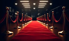 Red Carpet Hallway With Barriers And Red Ropes, Generative Ai