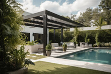 Trendy Outdoor Patio Pergola Shade Structure, Awning And Patio Roof, Pool, Garden Lounge, Chairs, Metal Grill Surrounded By Landscaping, Generative AI
