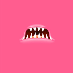 Wall Mural - Vector Cartoon open mouth with fangs isolated on pink background. Funny and cute pink funny Halloween Monster open mouth with big vampire fangs. jaws and mouth of the beast cartoon illustration