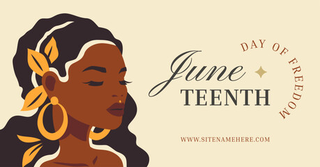 African boho woman portrait with jewelry Juneteenth day of freedom social media banner vector flat