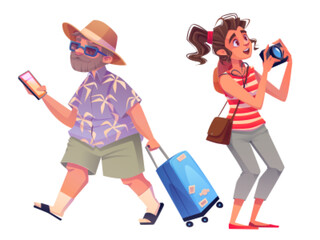 Wall Mural - Cartoon set of tourist characters isolated on white background. Vector illustration of senior man with suitcase and smartphone in hand, excited young woman taking photos with camera. Vacation travel