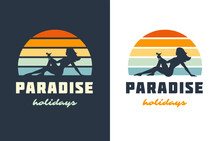Summer Woman Silhouette Beach Paradise Holiday Rainbow Sun T Shirt Print Poster Set Vector Flat