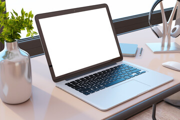 Aufkleber - Close up of modern designer office desktop with white mock up computer monitor, decorative vase with plant, other objects and window with city view in the background. 3D Rendering.