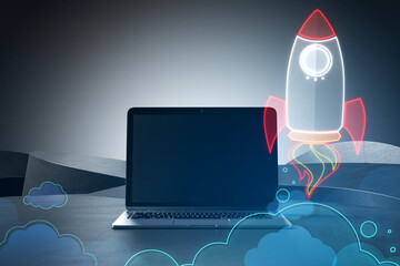 Poster - Close up of mock up laptop with creative rocket ship sketch on blurry background. Content launch and spaceship concept. Double exposure.