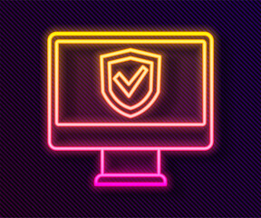 Poster - Glowing neon line Insurance online icon isolated on black background. Security, safety, protection, protect concept. Vector