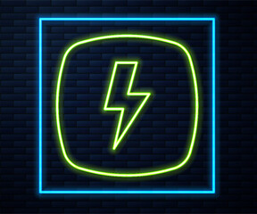 Poster - Glowing neon line Lightning bolt icon isolated on brick wall background. Flash sign. Charge flash icon. Thunder bolt. Lighting strike. Vector