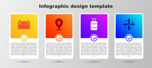 Sticker - Set Car battery, Lightning bolt, Propane gas tank and Wind turbine. Business infographic template. Vector