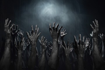 halloween night background of numerous scary and creepy zombie hands rising from dark shadows, creat