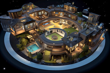  Generative AI illustration of 3D isometric luxury futuristic house in the metaverse