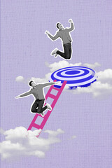 Sticker - Photo collage artwork picture of funky guys walking ladder achieving aim isolated creative purple color background