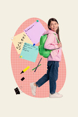 Wall Mural - Vertical collage image of positive girl walking carry rucksack school supply paper memo sticker schedule isolated on creative background