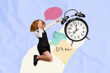 Poster - Artwork collage of excited mini girl jump dialogue bubble point finger big bell ring clock paper school schedule isolated on blue background