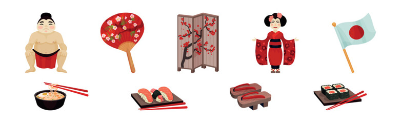 Wall Mural - Japan Travel Symbols with Geisha, Folding Screens, Sumo Wrestler, Fan, Sashimi, Wooden Shoe and Flag Vector Set