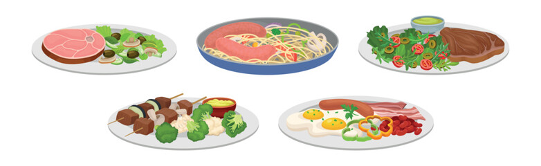 Wall Mural - Different Food and Tasty Dish Served on Plate Vector Set