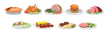 Different Food And Tasty Dish Served On Plate Vector Set