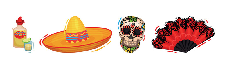 Wall Mural - Mexican Symbols and Attribute with Tequila, Sombrero Hat, Skull and Fan Vector Set