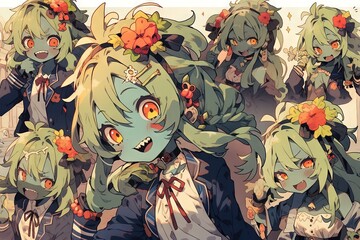 Wall Mural - cute zombie girl manga anime style illustration generative ai