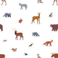 Poster - Seamless pattern, forest animals. Endless background, repeating print with bear, elk, deer, wolf and lynx. Fauna species, repeatable backdrop for textile, fabric, wallpaper. Flat vector illustration