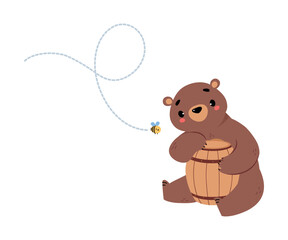 Sticker - Cute Bear Character with Rounded Ears Sitting with Wooden Barrel Vector Illustration