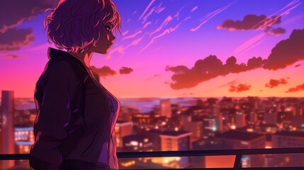 Canvas Print - Retro-Futuristic wonder: anime girl stands amidst neon cityscape at vibrant sunset in digital artwork, wallpaper, Generative AI