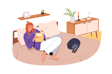 Aufkleber - Young woman reading book, lying in cozy bed at home bedroom. Happy girl reader relaxing, resting with cat and novel at leisure time. Flat graphic vector illustration isolated on white background