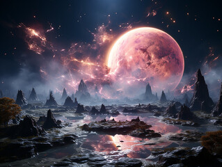 Wall Mural - a pink planet on space, insane detail --ar 4:3 --s 750 Made By AI generative Photo