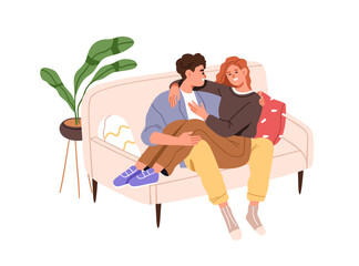 Wall Mural - Happy love couple relaxing together, sitting on sofa at home. Young romantic man and woman hugging, laughing, resting on couch at leisure. Flat vector illustration isolated on white background