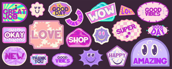 Wall Mural - Y2k sticker retro trendy set. 90s design sticker groovy aesthetic elements. Cute purple label y2k. Aesthetic pack trendy shape. Flat vector illustration