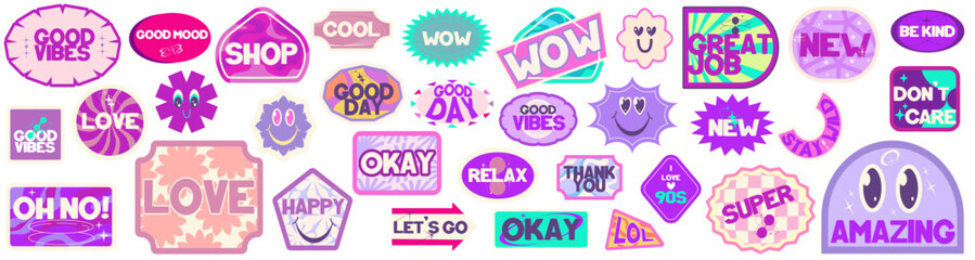 Wall Mural - Y2k sticker retro trendy set. 90s design sticker groovy aesthetic elements. Cute purple label y2k. Aesthetic pack trendy shape. Flat vector illustration